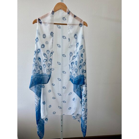 Sweaters - Sheer Cardigan OS Peacock Feather Print Sleeveless Boho Whimsical Beachy Coastal